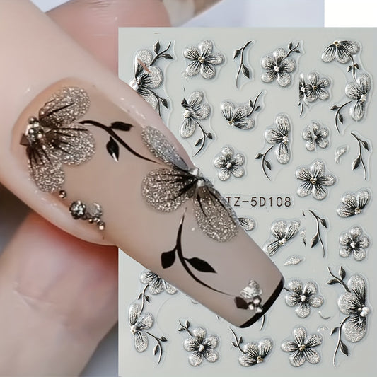 2pcs 5D Floral Nail Art Stickers Set Acrylic Flowers Decals with Glitter