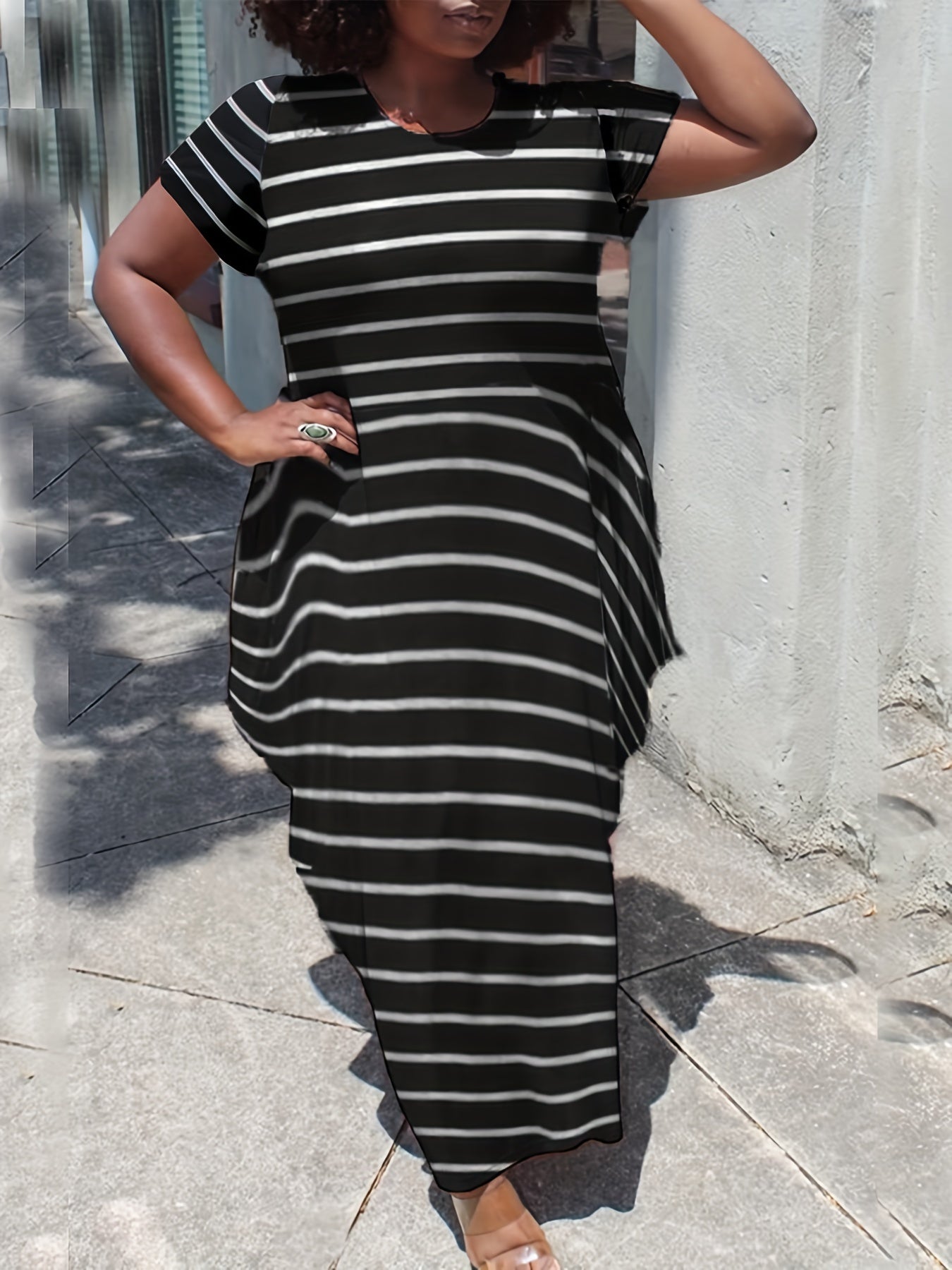  Stripe Print Short Sleeve Maxi Dress