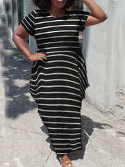  Stripe Print Short Sleeve Maxi Dress