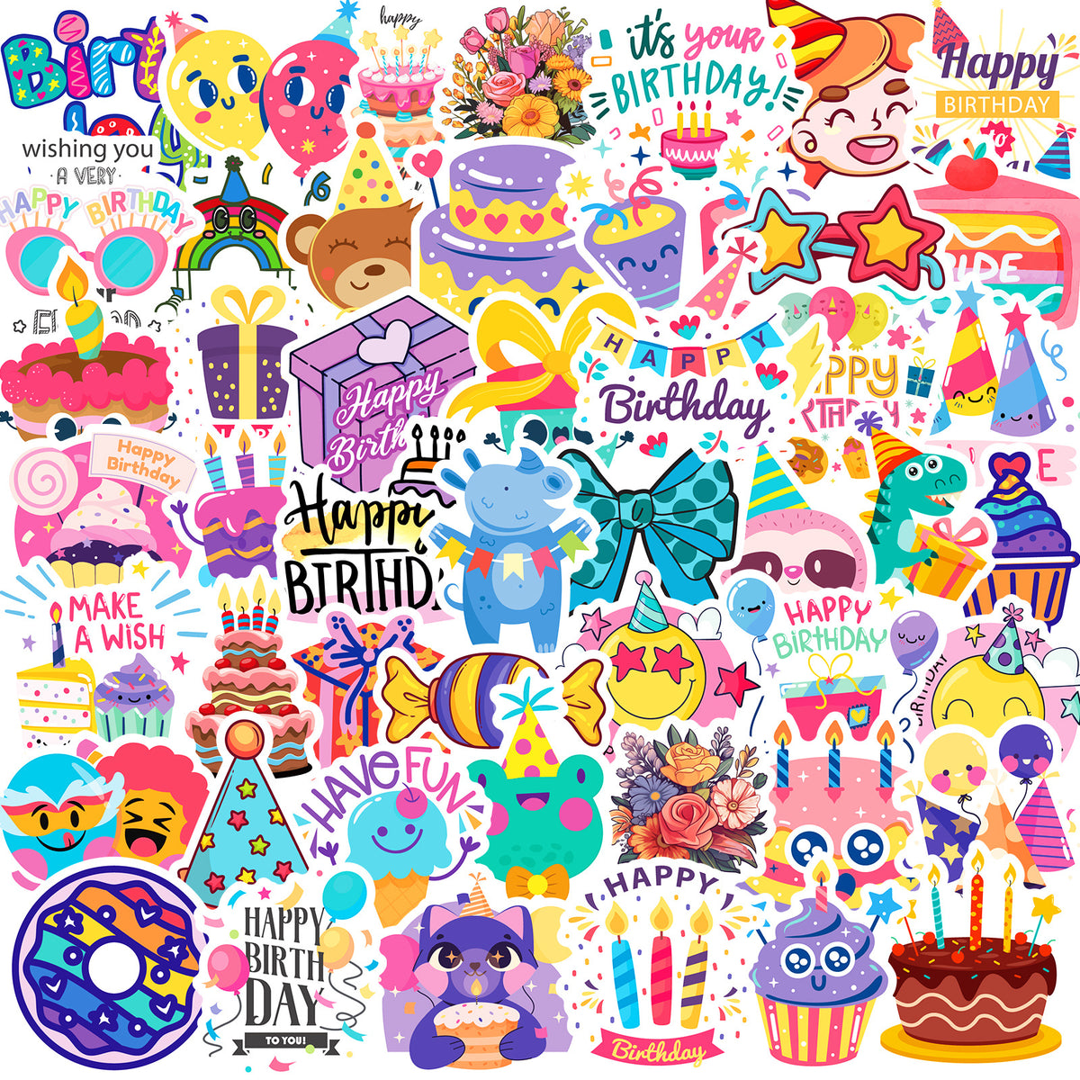 50pcs Happy Birthday Party Cartoon Graffiti Stickers Vinyl Waterproof Stickers