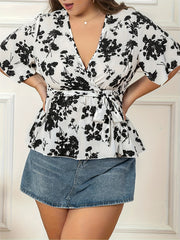 Floral Flutter Sleeve Peplum Blouse With Belt