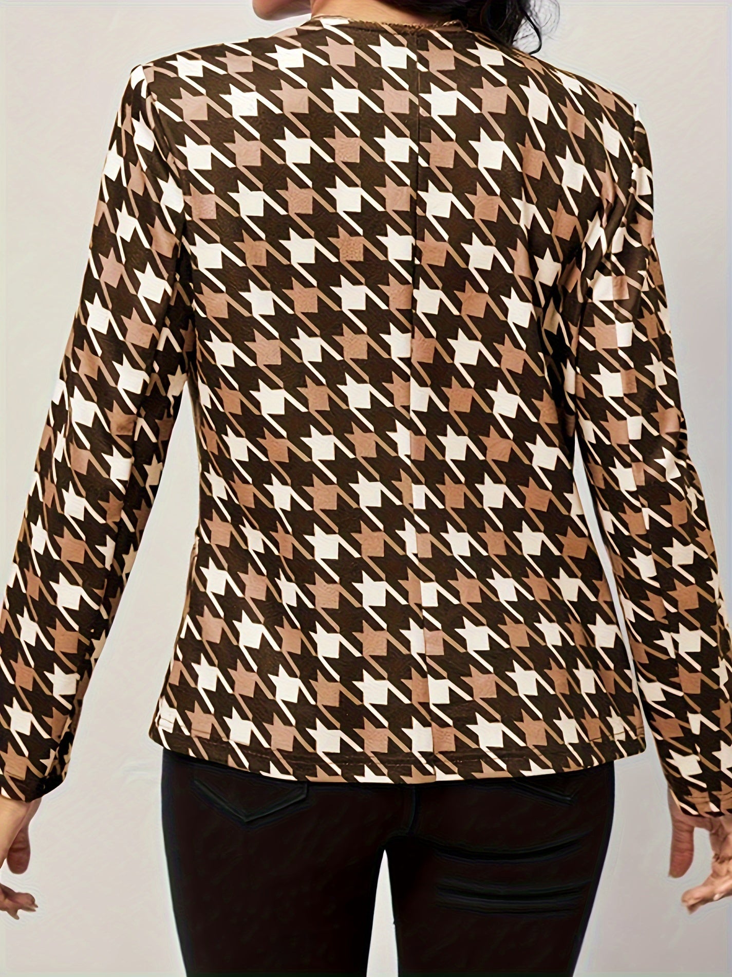  Houndstooth Print Open Front Blazer