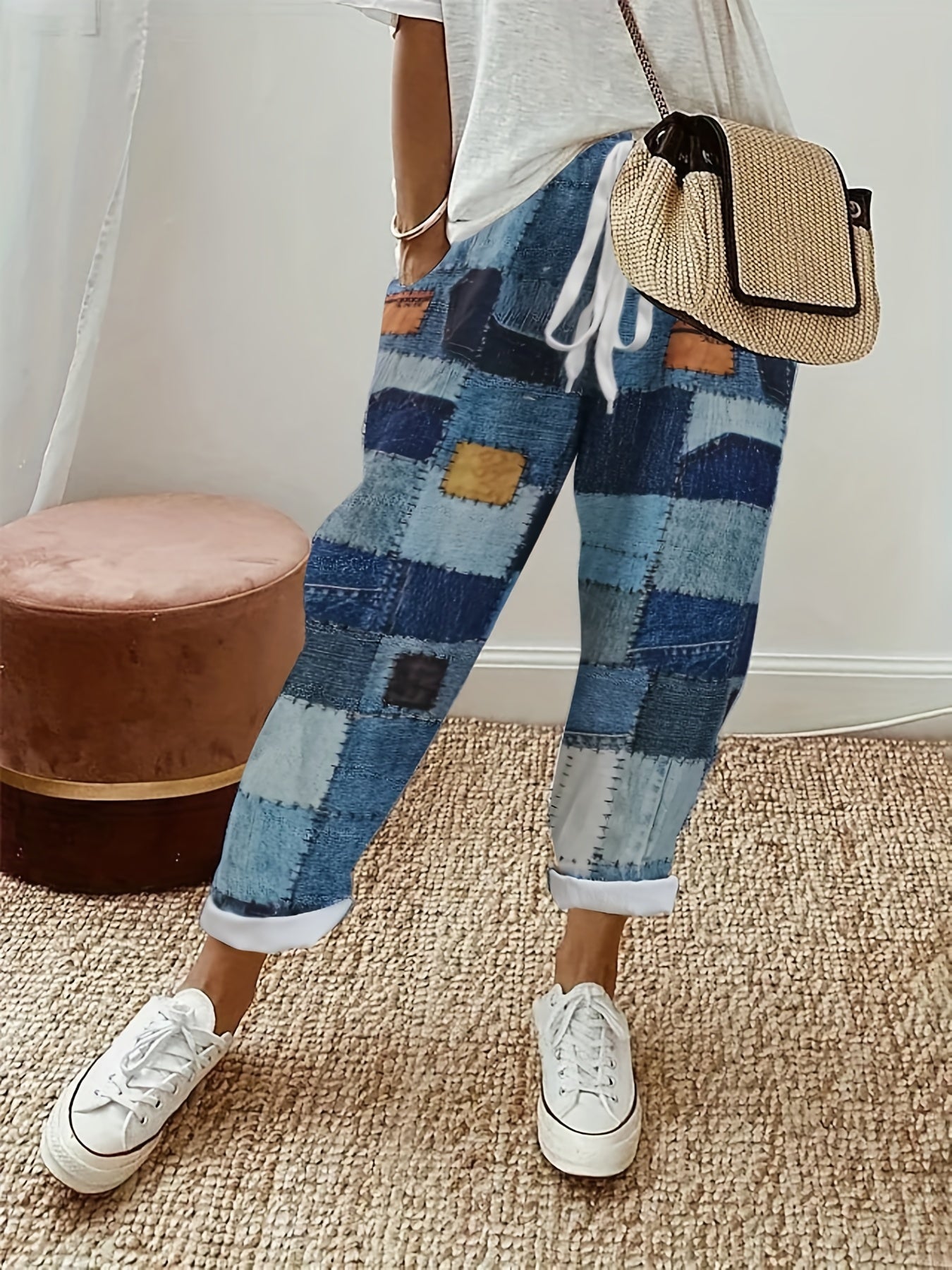  Denim Patchwork Print Straight Leg Tie Front Trousers