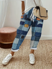  Denim Patchwork Print Straight Leg Tie Front Trousers