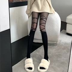 Criss Cross Pattern Tights High Waist Semi sheer