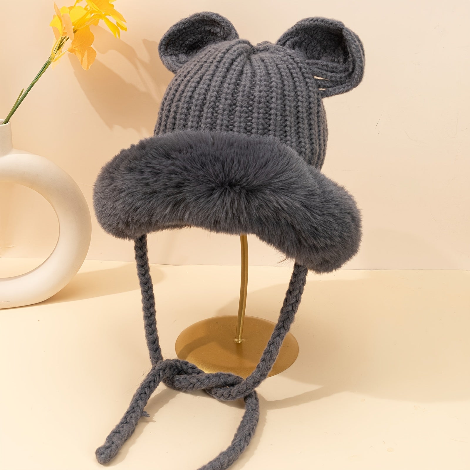 Woolen Knit Hat Winter Ears Braids Plush Cap Keep Warm
