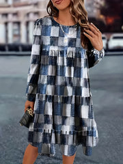  Denim Print Long Sleeve Stretch Dress