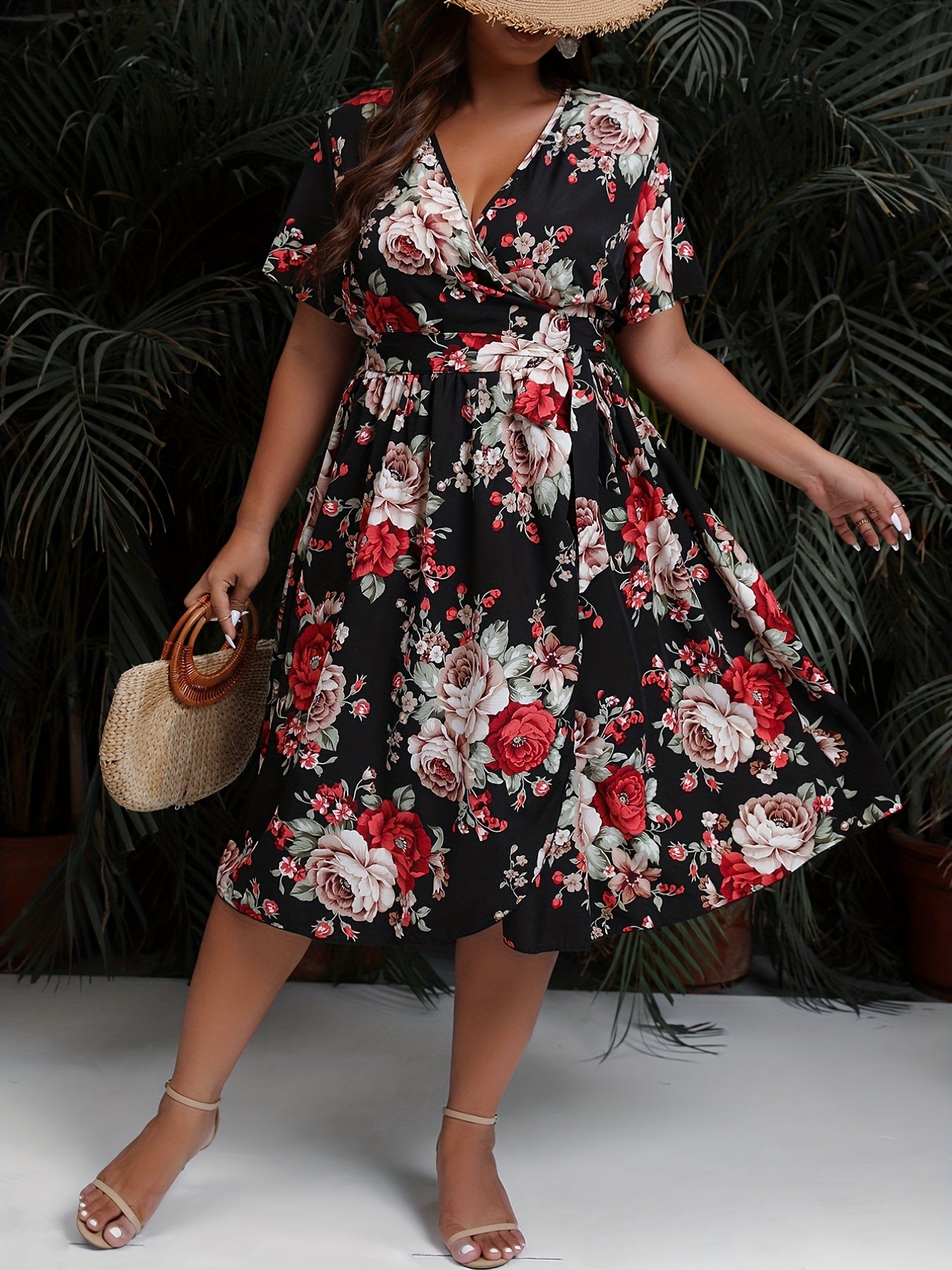  Floral Print Short Sleeve Wrap Dress