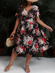  Floral Print Short Sleeve Wrap Dress