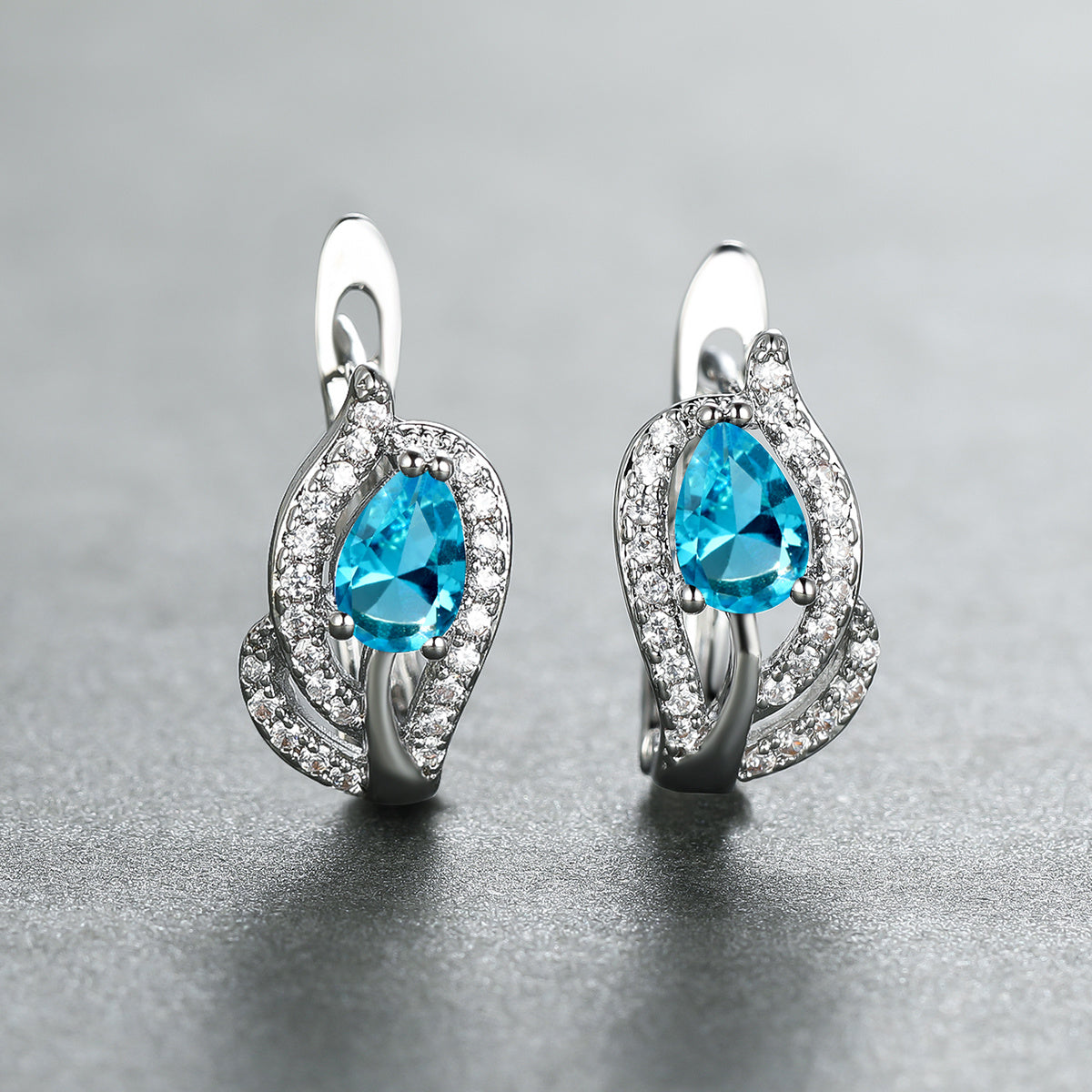 Multicolor Zirconia Stone Hoop Earrings, Leaf Crystal Silver Wedding Jewelry