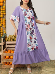  Colorblock Floral Print Butterfly Sleeve Maxi Dress