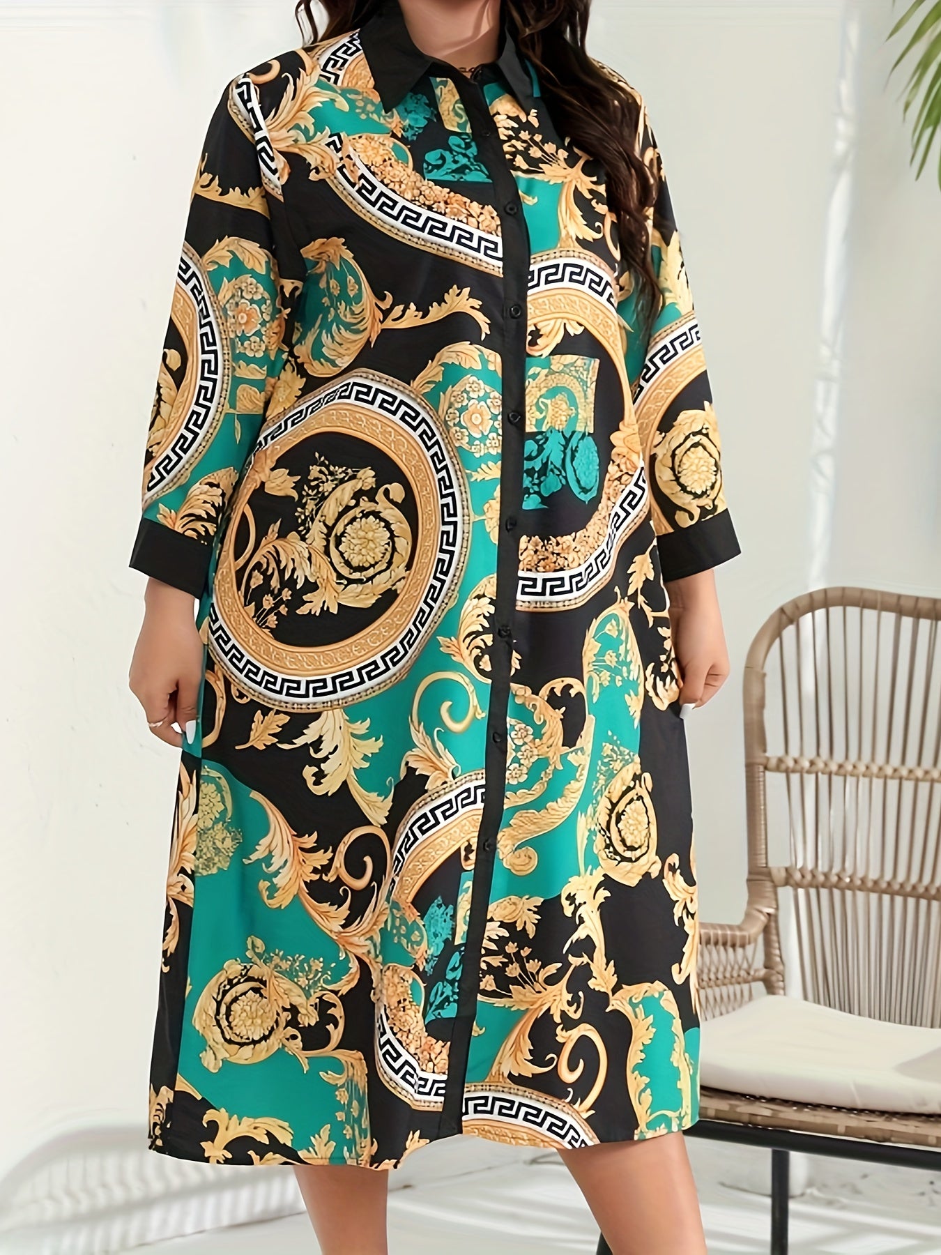  Paisley Print Long Sleeve Button Up Shirt Dress With Belt
