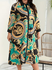  Paisley Print Long Sleeve Button Up Shirt Dress With Belt