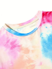 Girls' Tie Dye Short Sleeve T Shirt & Biker Shorts Set Sports Casual Yoga