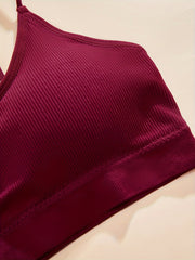 Solid Ribbed Bra & Panties Lingerie Set Women's Underwear