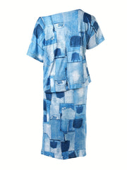  Denim Print One Shoulder Top & Skirt Set