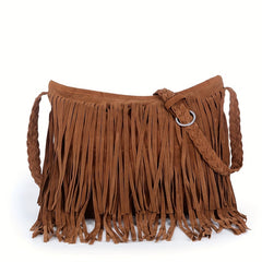 Fringe Solid Shoulder Bag Braided Strap Suede Stylish Crossbody Bag Zipper