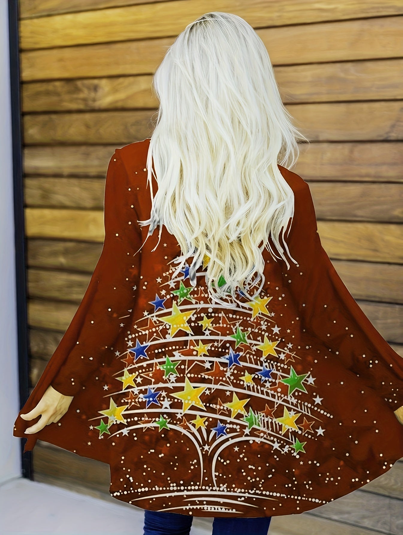  Christmas Casual Cardigan Star Tree Print Long Sleeve Open Front