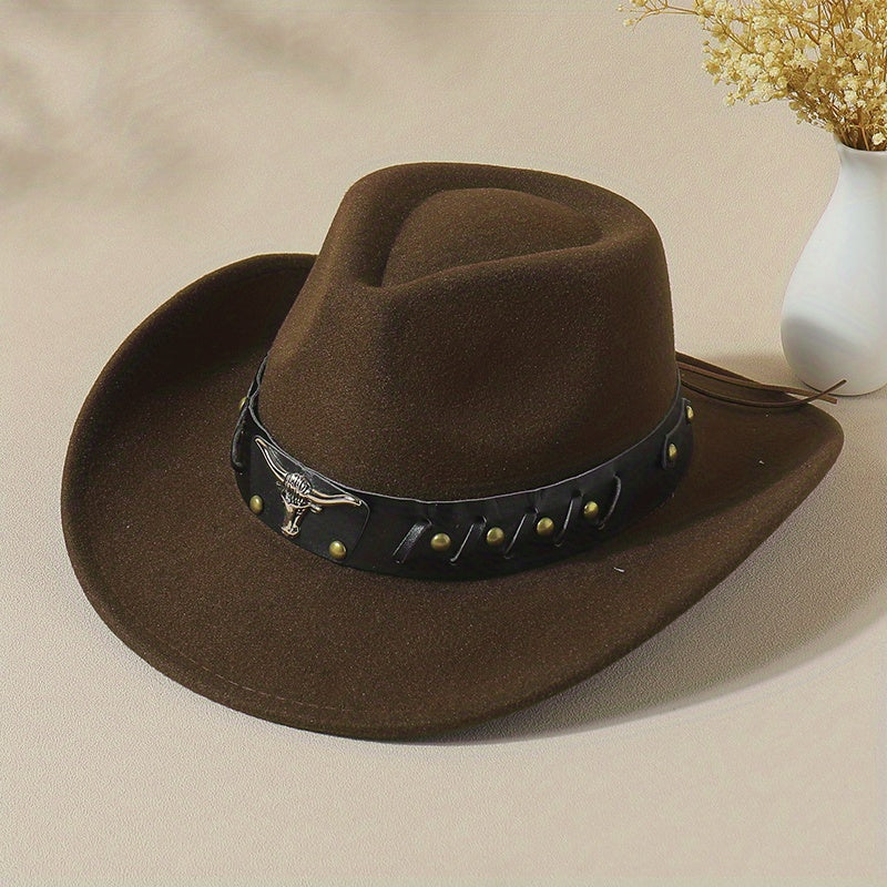 Bull Head Belt Decor Fedora Cap Western Cowboy Cowgirl Hat