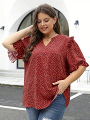  Dot Print Ruffle Trim Short Sleeve V Neck Blouse