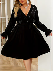  Pearl Beaded Flounce Sleeve Wrap V Neck Dress