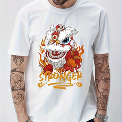 Cotton Stronger & Lion Dance Print Men's Graphic Crew Neck T-shirt