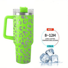 Leopard Print 40oz Insulated Tumbler w/ Handle & Straw Lid Stainless Steel