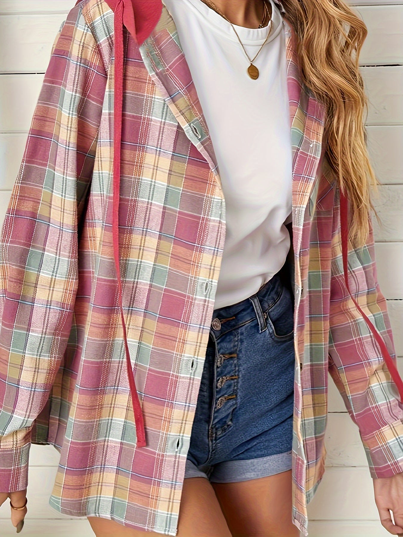  Plaid Print Long Sleeve Button Up Drawstring Hooded Shacket