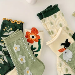 5 Pairs Floral Print Socks Sweet Women's Stockings