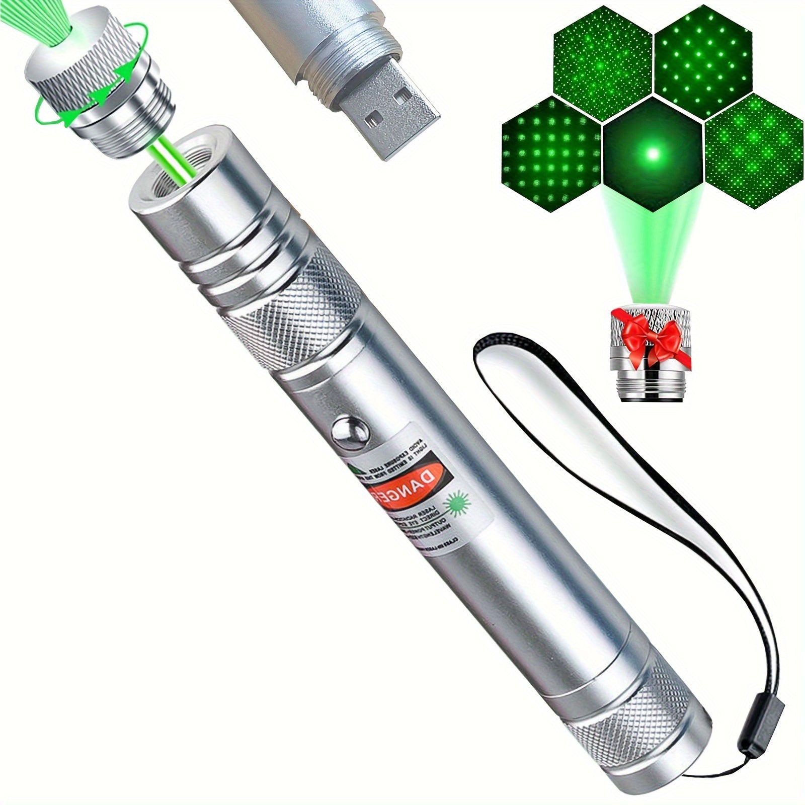 Green Beam Flashlight Laser Pointer USB Rechargeable Cat Toy Star Cap