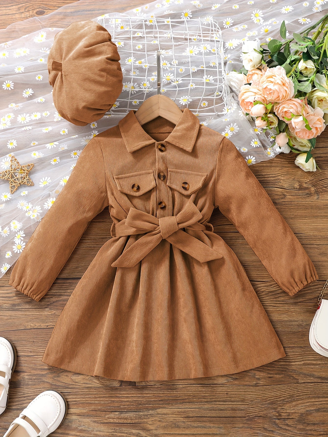 Girls Corduroy Button Front Collar Neck Dress Set