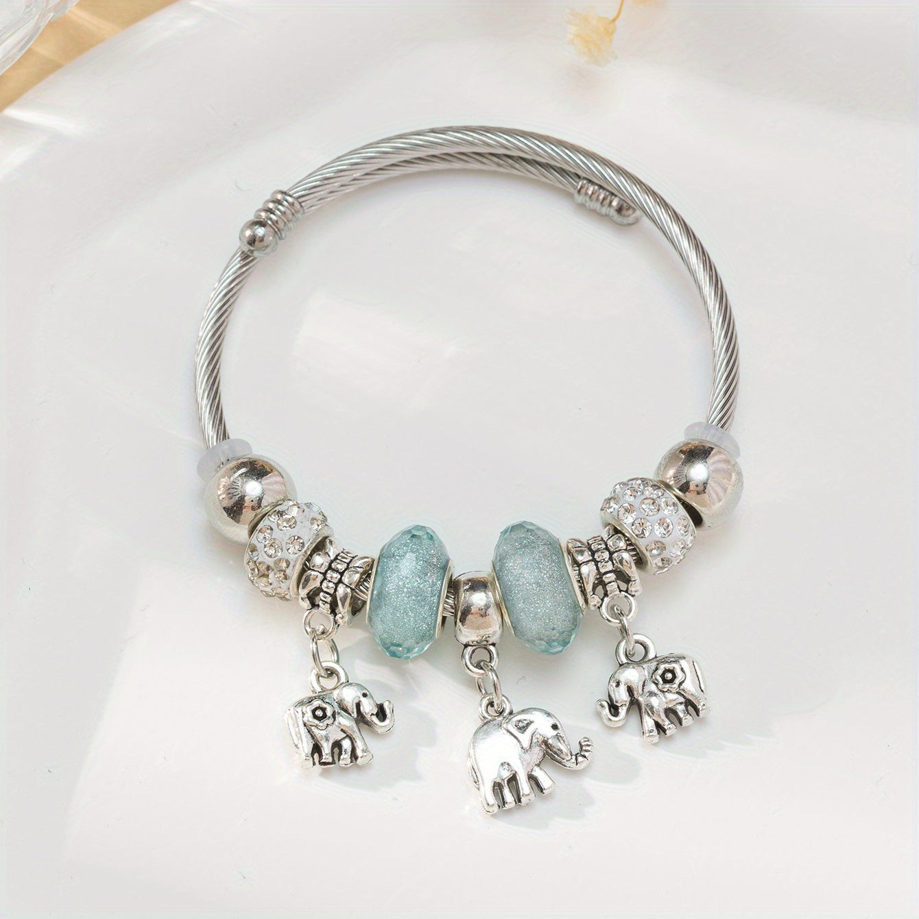 Rhinestone Clay Big Hole Bead & Elephant Pendant Bracelet