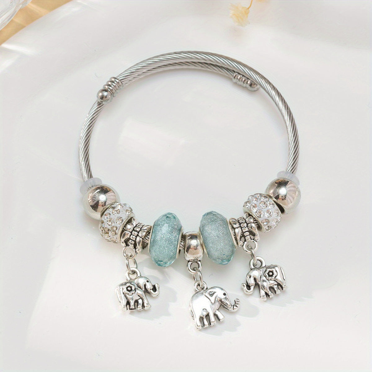Rhinestone Clay Big Hole Bead & Elephant Pendant Bracelet