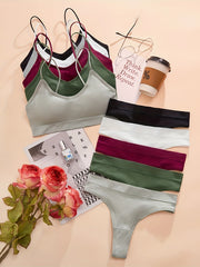 Solid Ribbed Bra & Panties Lingerie Set Women's Underwear