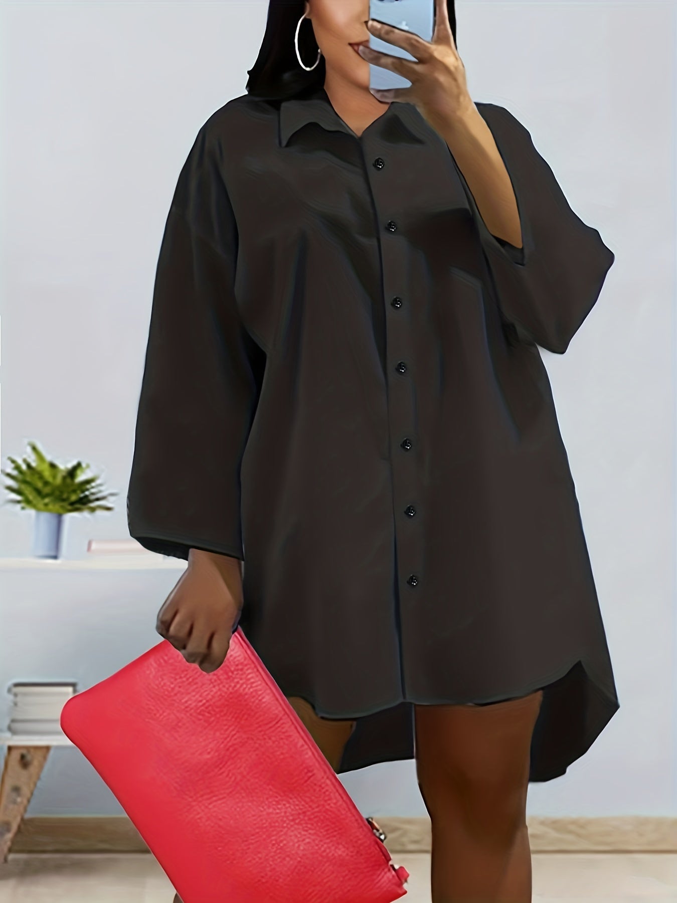  Solid Button Up Long Sleeve Collar Mini Shirt Dress