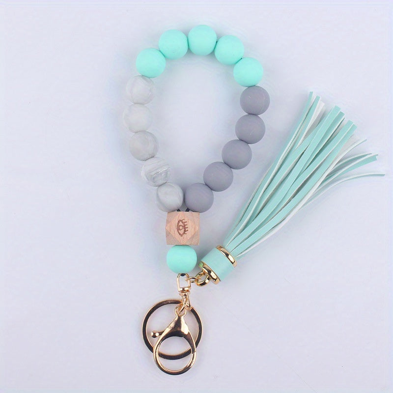Silicone Beaded Keychain Bracelet for Women Car Keyring Pendant Wristlet Bangle