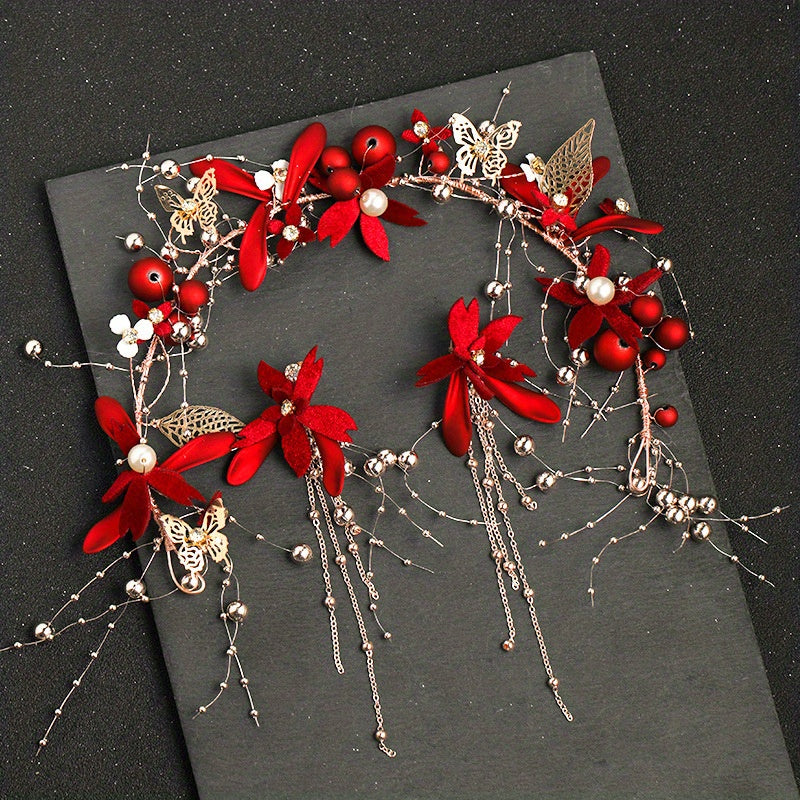Red Flowers Headband Hairpins Clip Earring Set Chinese Style Bridal Wedding