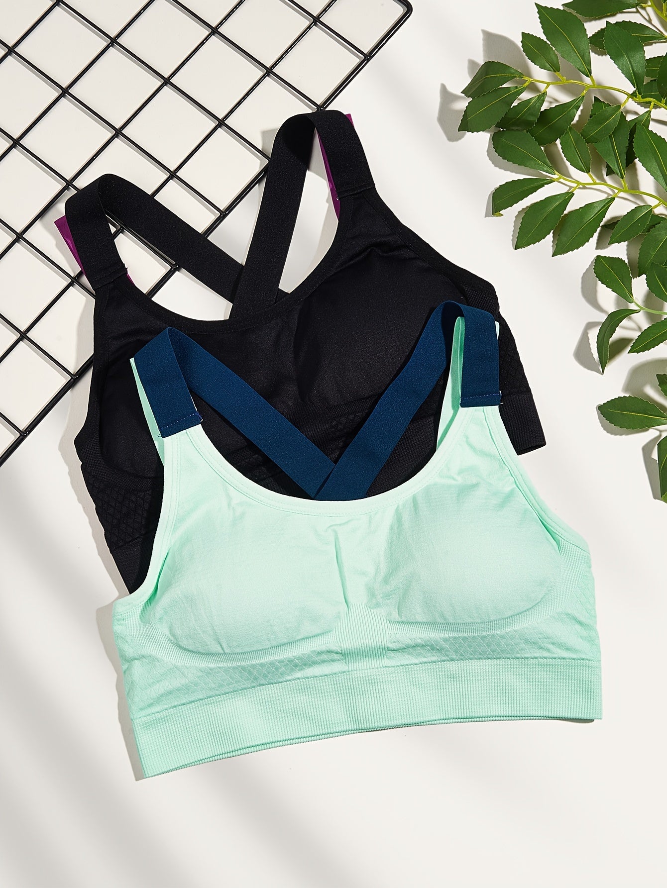 2pcs Cross Back Sports Bra Comfy Workout Colorblock Bra Women's Lingerie