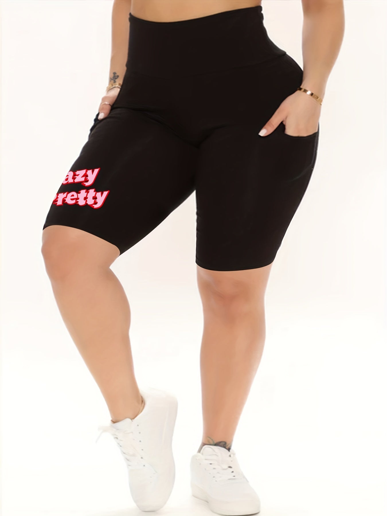 Plus Size Art Letter Print High Waist Biker Shorts