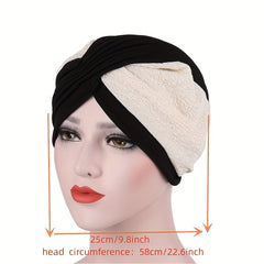 Block Stitching Turban Cap Lace Pleated Head Wrap