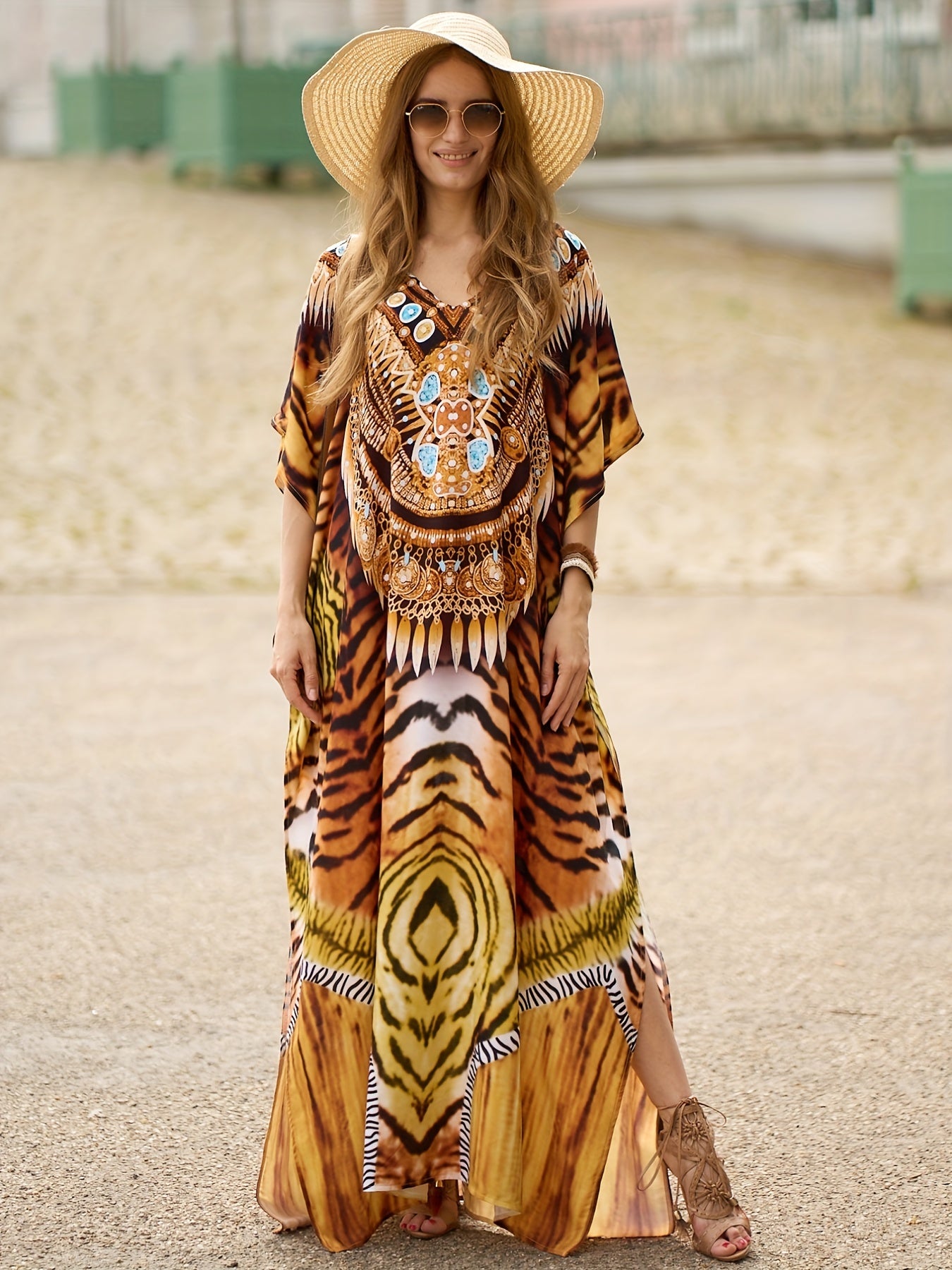  Butterfly Print V Neck Cover Up Dress