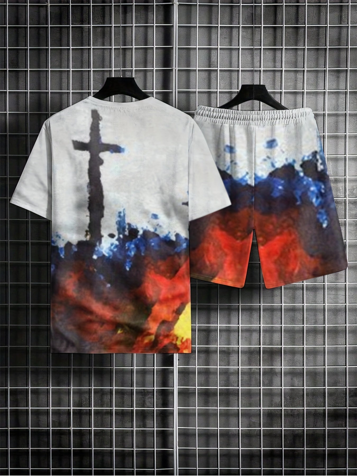 3D Pattern Print Men's 2Pcs Casual Outfits Crew Neck T-shirt And Shorts Set