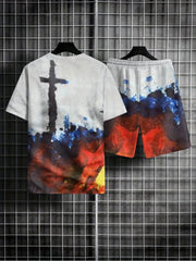 3D Pattern Print Men's 2Pcs Casual Outfits Crew Neck T-shirt And Shorts Set