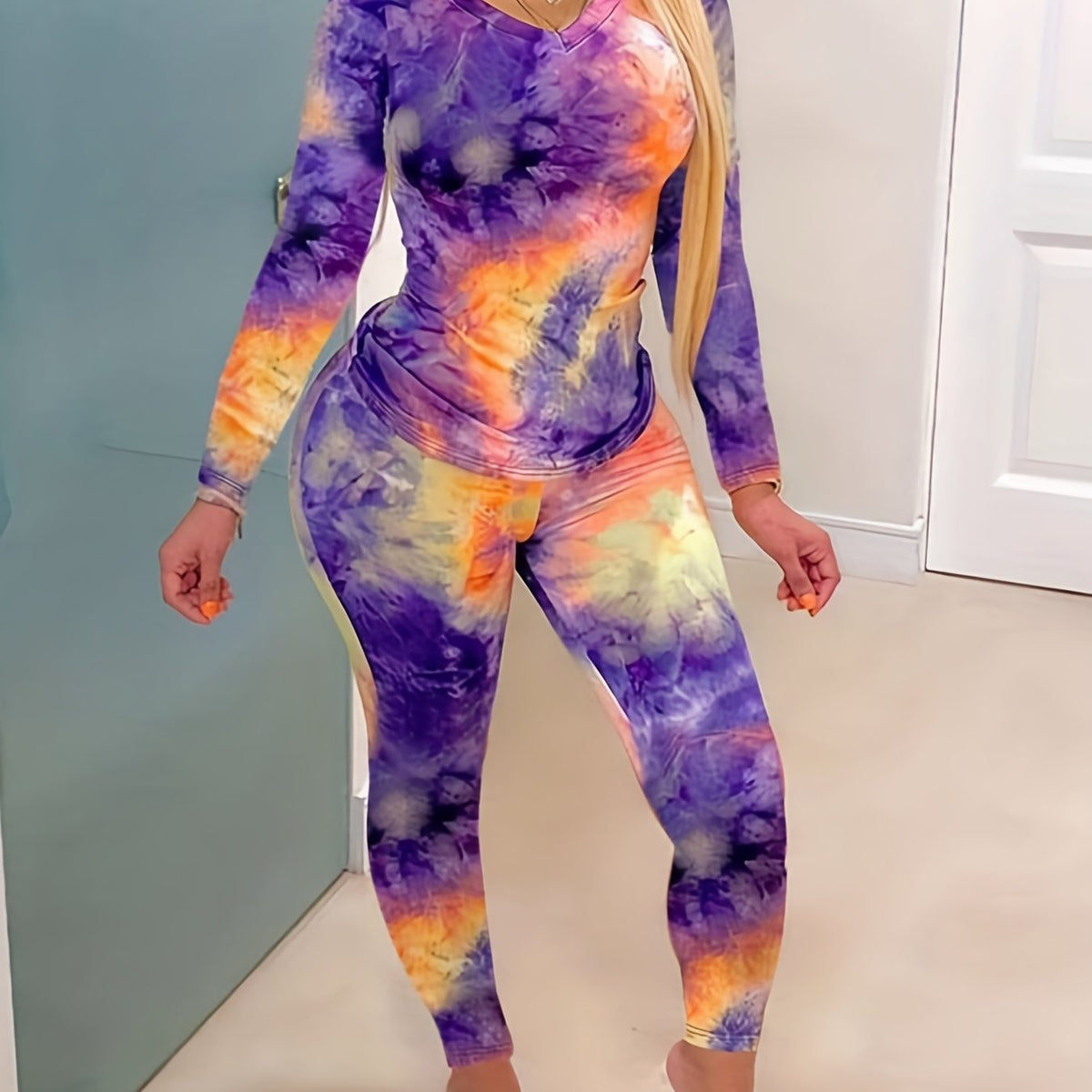  Tie Dye Long Sleeve V Neck Tee & Leggings Set