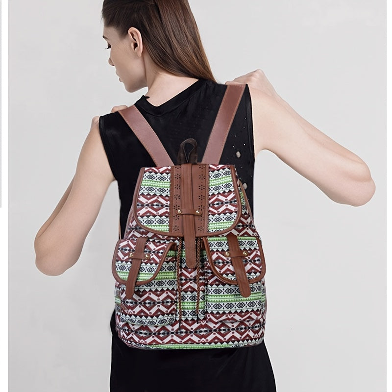 Rhombus Pattern Backpack Women's Canvas Drawstring Shoulder Bag