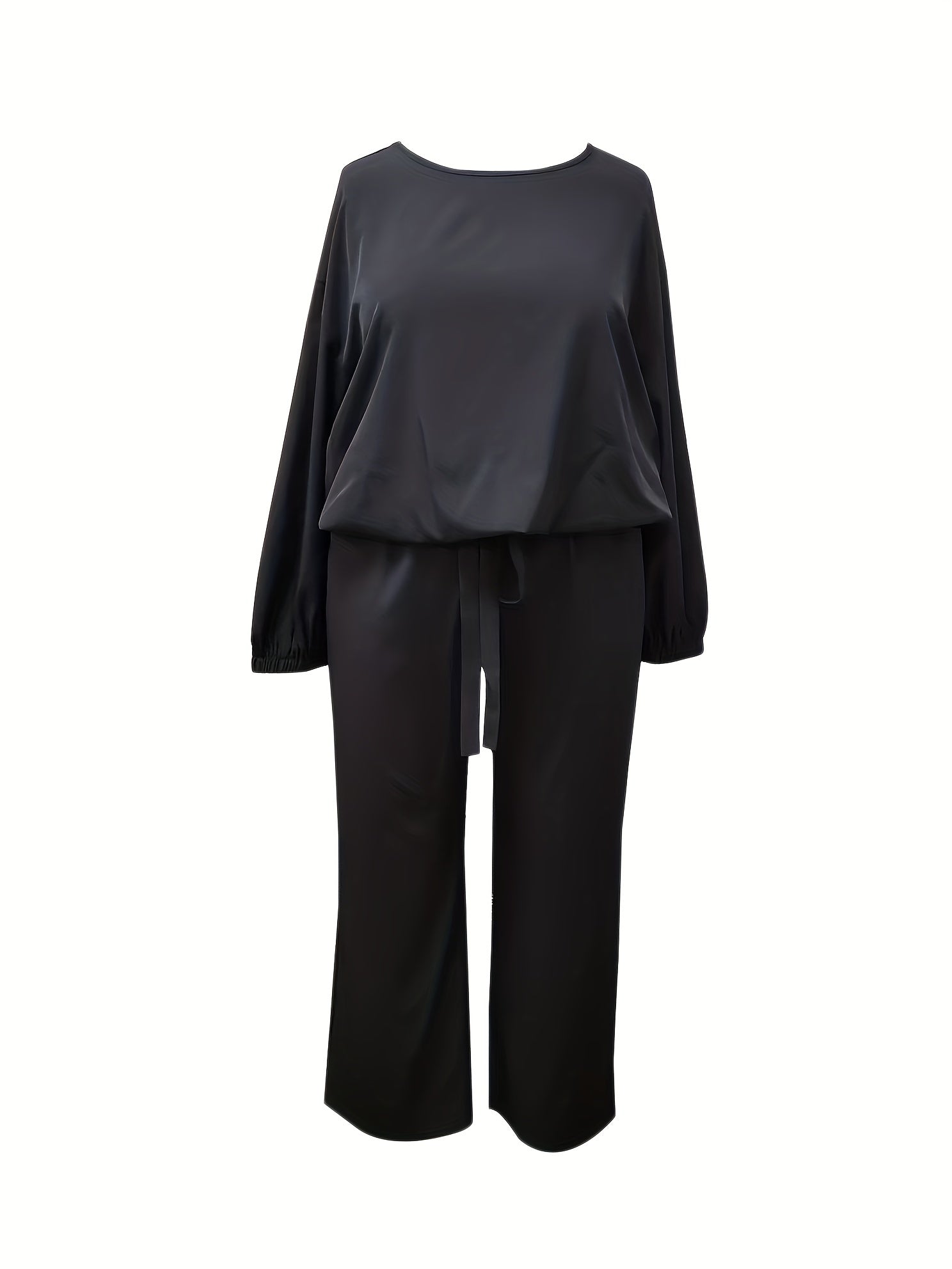  Solid Long Sleeve Tee & Belted Pants Two Piece Set