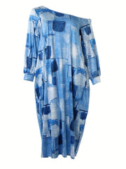  Denim Print One Shoulder Maxi Dress With Pockets