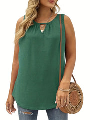  Solid Round Neck Tank Top with Keyhole Front
