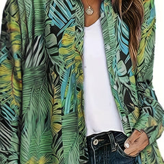  Tropical Print Blouse Long Sleeve Button Up Top
