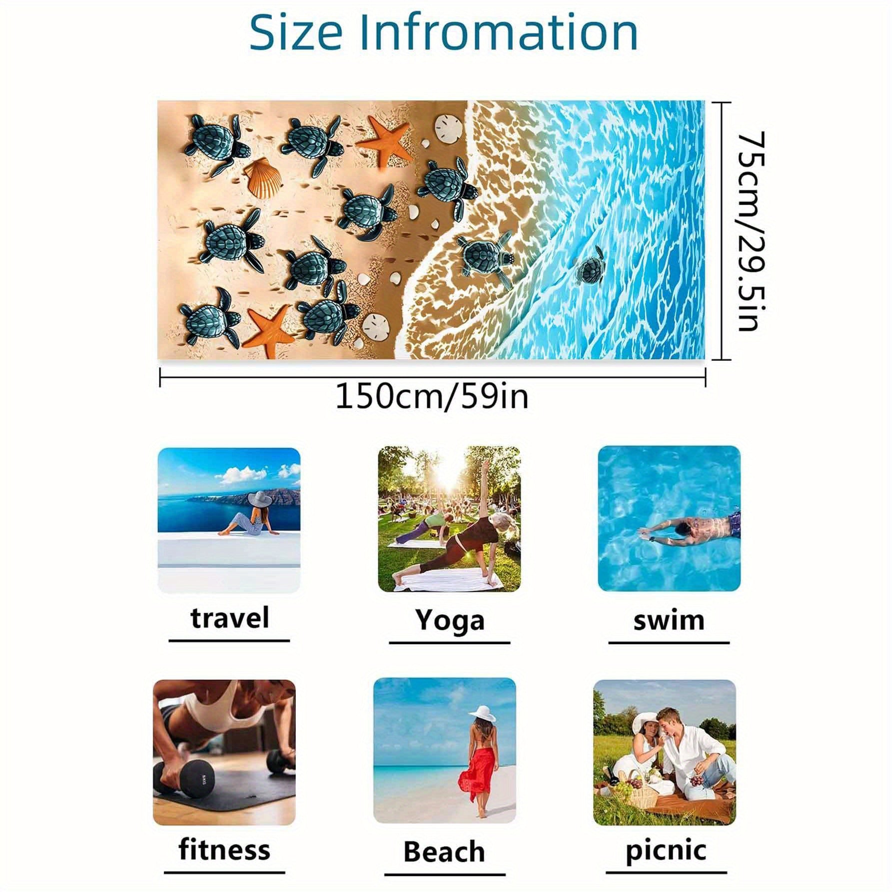 Large Microfiber Beach Towel Tortoise & Beach Print Outdoor Sports Swim Surf